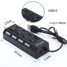 4 Port USB Hub 2.0 for High Speed Data Transfer 480Mbps with Individual Power switches and Indicator LED for Laptops Computer Desktop and USB Gadgets- Black
