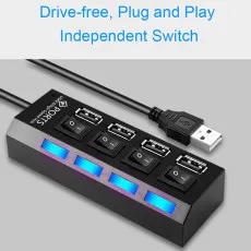 4 Port USB Hub 2.0 for High Speed Data Transfer 480Mbps with Individual Power switches and Indicator LED for Laptops Computer Desktop and USB Gadgets- Black