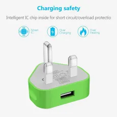 Green USB Wall Plug Charger Adapter with 1AMP Output for Smartphones & Tablets