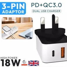 18W PD Fast Charger USB-C & USB-A QC 3.0 for Samsung, iPhone