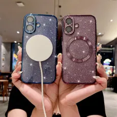 iPhone 16 Magnetic Glitter Case - Luxury Bling Clear Phone Cover with MagSafe Compatibility & Camera Protector for Women - Blue