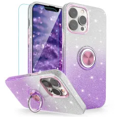iPhone 16 Pro Glitter Ring Case with Tempered Glass Screen Protector | Slim Fit Purple Cover | UK