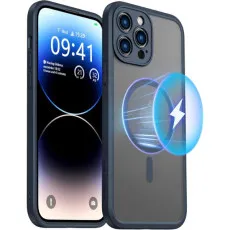 Military Grade Slim iPhone 14 Pro Case with Magnetic Guard MagSafe Compatible Navy Blue Protective Translucent Phone Case
