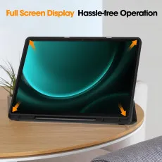 Black case with book stand for Samsung Galaxy Tab S10 Plus, showing full device protection