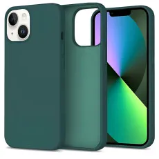 Green silicone case for iPhone 15 Plus with slim, lightweight design.