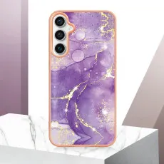 Side view showing the precise button cutouts on the purple marble case
