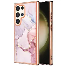 Samsung Galaxy S25 Ultra case with a rose gold marble design front view.