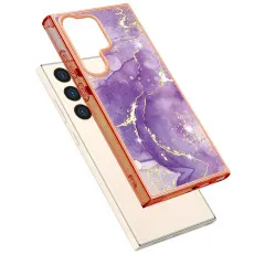 Slim and lightweight purple marble phone case with raised edges.