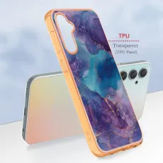 Top-down view of the perfect-fit purple marble case, with precise cutouts for buttons and ports
