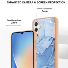Raised edges on blue marble case, protecting the screen and camera