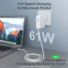 MacBook Charging – 61W charger powering a MacBook Pro.