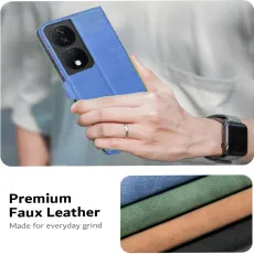 Honor 90 Smart Blue Leather Wallet Case with hand view