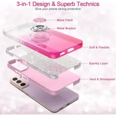 Galaxy S25 Plus Pink Glitter Case with 360° Ring Holder & Kickstand - Magnetic Mount