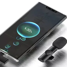 2-in-1 wireless collar microphone in sleek black design with chargig features