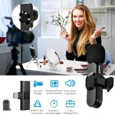 2-in-1 wireless collar microphone in sleek black design with ultra clear sound recording