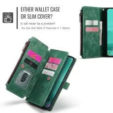 Zipper Pocket Samsung Galaxy S25 Leather Wallet Case Green With Card Slots