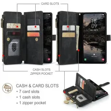 Zipper Pocket Samsung Galaxy S25 Leather Wallet Case Black CArd slots