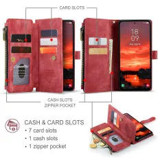 Samsung Galaxy S25 FE Leather Zipper Pocket Wallet Case Red with kickstand and slots