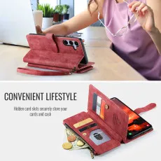 Samsung Galaxy S25 FE Leather Zipper Pocket Wallet Case Red with stand