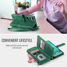 Samsung Galaxy S25 FE Leather Zipper Pocket Wallet Case Green With Kickstand