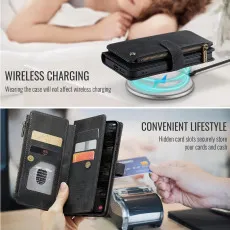 Samsung Galaxy S25 FE Leather Zipper Pocket Wallet Case Black with Wirless Charging Compitable