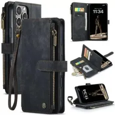 iPhone 12 Pro Max Leather Wallet Case – Card Slots, Zipper Pocket & Kickstand