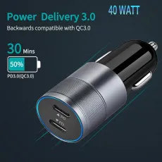 Type C Car Charger Dual Port USB Plug PD 40W QC 3.0 Fast Charging