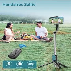 Extended Position with phone attached for Anti-Shake Selfie Stick Tripod