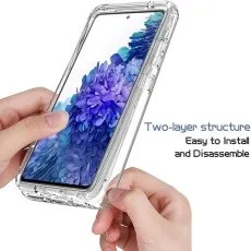 A person installing a clear, full-coverage case on their Samsung S20 Plus for all-around protection