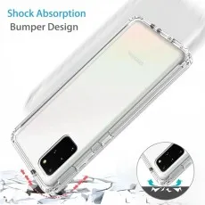 Image of a clear, shockproof case protecting a Samsung S20 from a potential drop