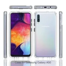 Samsung Galaxy A50 encased in a clear 360° protective cover, highlighting the transparent design and full body coverage