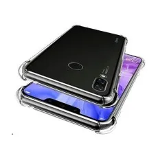 Angled view of a Huawei Y7 Prime 2019 in a clear bumper case, emphasizing its slim profile and durability