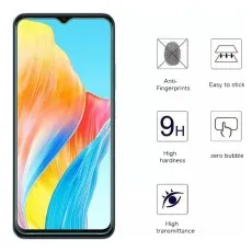 Infinix Hot 12i tempered glass screen protector featuring 9H hardness, anti-fingerprint, zero bubbles, and high transmittance