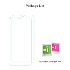 Pic showing package contents including 2-pack tempered glass screen protectors and drywet cleaning cloths for Huawei P Smart 2019