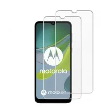 A Moto E13 phone with a screen protector set, highlighting its sleek design and notch placement.