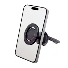 Mounted on car air vent with a phone attached.