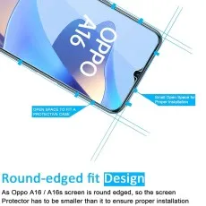 OPPO A16 screen protector precise round-edged fit, case-friendly design, easy installation.