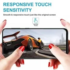 Huawei Enjoy 10s with a high-speed racing game displayed, highlighting smooth and responsive touch sensitivity. Text emphasizes 'Responsive Touch Sensitivity' with a smooth touch icon