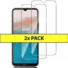 Nokia C21 Plus with two transparent screen protectors, labeled as a 2-pack in a yellow banner