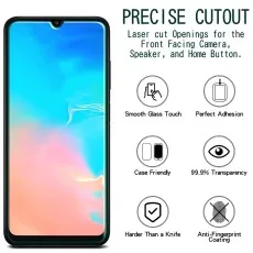 Samsung A03 screen protector with precise cutouts, smooth glass touch, anti-fingerprint coating, and 99.9% transparency
