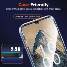 A smartphone with a screen protector designed to be case-friendly, featuring a 2.5D edge for compatibility