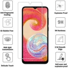 Tempered glass screen protector for Samsung Galaxy A04 with 9H hardness, anti-fingerprint, and bubble-free design