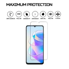 Transparent tempered glass screen protector designed for Realme 5S, showcasing its protective features and precise cutout for the front camera.