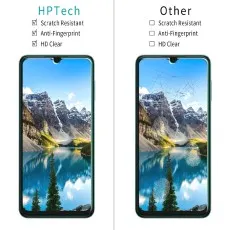 Comparison of HPTech screen protector vs. others, highlighting scratch resistance, anti-fingerprint, and HD clarity
