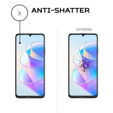 Side-by-side image showing an Realme 10 5G with a minor crack using a tempered glass protector versus a shattered screen without protection