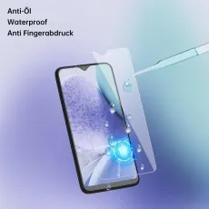 Hydrophobic and oleophobic Realme 10s screen protector, resisting water and fingerprints, illustrated with a pipette dropping water onto the glass.