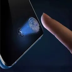 Close-up view of an in-display fingerprint scanner on a Samsung Galaxy Note 20 Ultra, with a glowing blue fingerprint recognition effect.