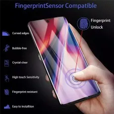 Samsung Galaxy Note 20 Ultra fingerprint sensor-compatible tempered glass screen protector with curved edges, high touch sensitivity, and bubble-free installation..
