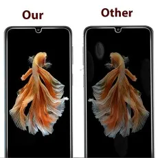 Comparison of two screen protectors one with high clarity, the other with visible fingerprints and glare