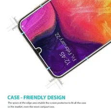 Samsung Galaxy A70 case-friendly tempered glass screen protector with precise edge spacing for compatibility.